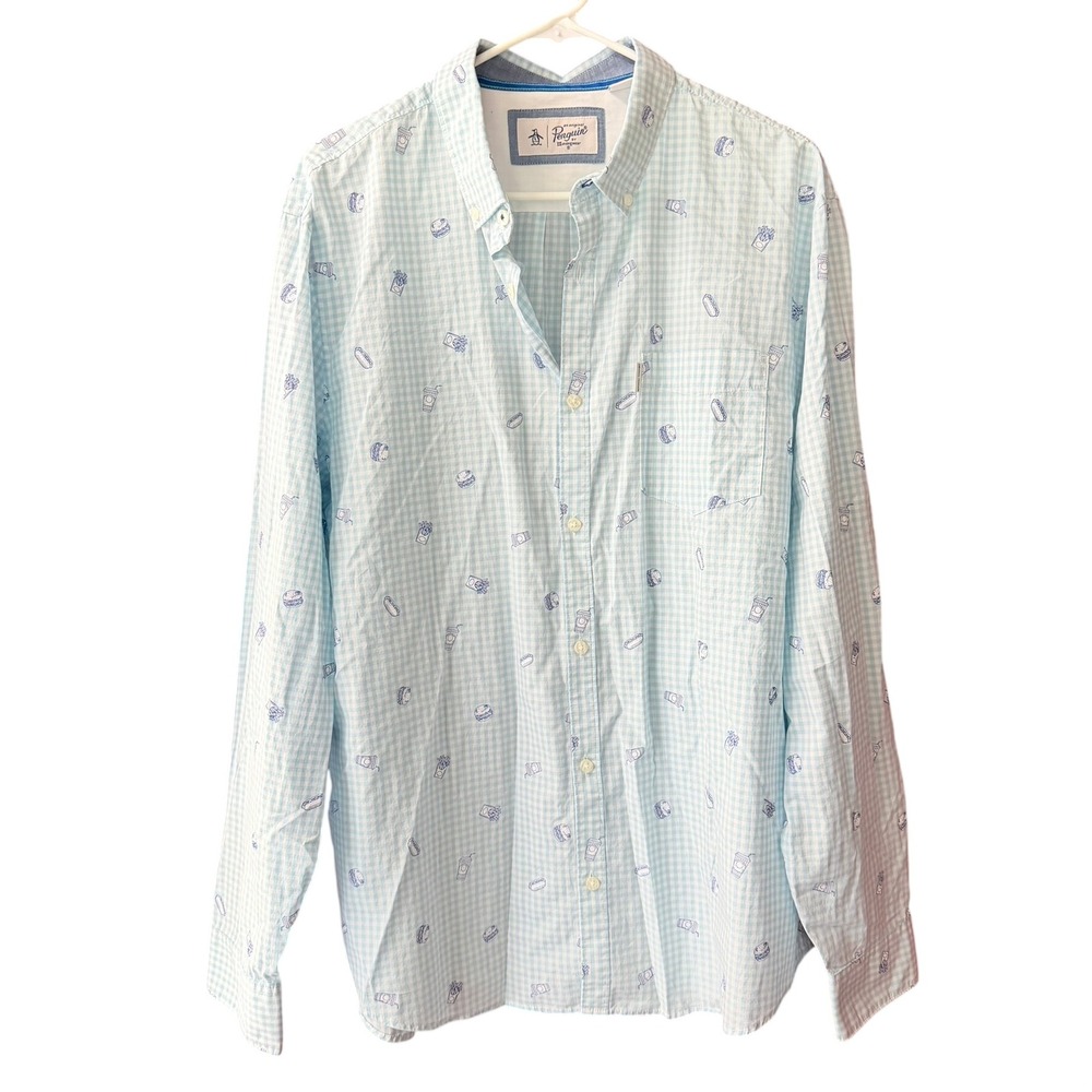 Original Penguin Mens XXL Gingham Fast Food Print Button Down Shirt Blue White